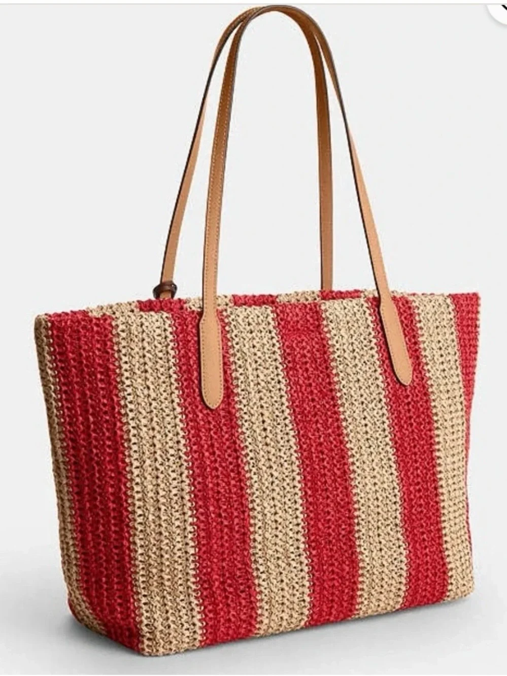NWT COACH THE CITY TOTE BAG RED/TAN Striped Straw Tote Leather Logo, Handles.